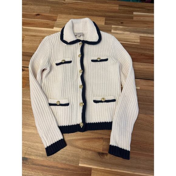 Loft Cardigan Cream with navy trim women’s Size Xsmall gold buttons - Picture 2 of 5